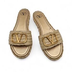 Valentino Garavani V Logo Platform Slide Sandal Raffia Beige Gold Size 40 10